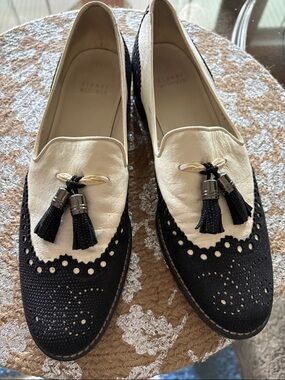 Stuart Weitzman Black and Cream Tassel Perforated Loafers